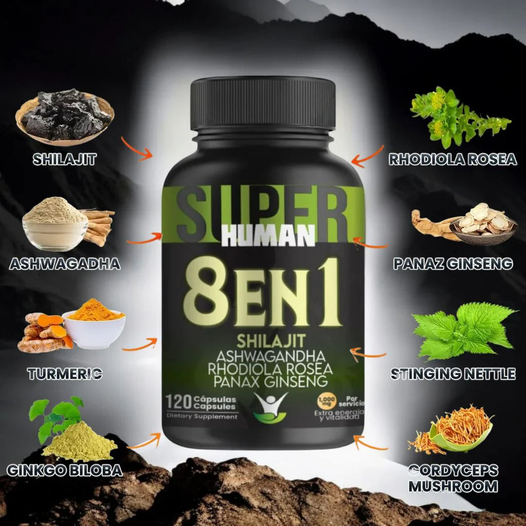 8 En 1 Cápsulas - Shilajit Ashwagandha Rhodiola Rosea Panax y Ginseng - 120 Cápsulas